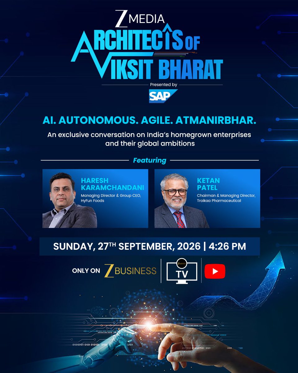 dna's tweet photo. Conversations on Innovation, Enterprise Growth & India’s Global Ambitions
 
Watch the exclusive interviews of Haresh Karamchandani, Managing Director & Group CEO, HyFun Foods and Dr. Ketan Patel, Chairman & Managing Director, Troikaa Pharmaceuticals Ltd. from the Architects of Viksit Bharat, presented by Zee Media Corporation Limited and SAP.
Catch the exclusive interviews | Sunday, 27th September 2026 | 4:26 PM only on ZEE Business I TV I YOUTUBE

Raktim Das Prasanna Raghav Amitesh Jasrotia Rahul Singh Mridul Chakraborty Anshul Gupta

#ArchitectsOfViksitBharat #ZeeMedia #SAP #AtmanirbharBharat