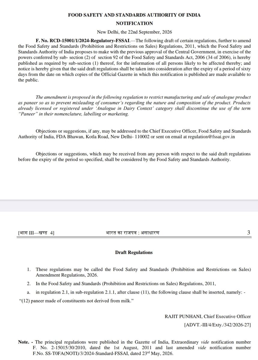 TimsyJaipuria's tweet photo. 🚨 Big change for “Paneer” in India!

@fssaiindia has proposed that products made from non-milk constituents can no longer be manufactured, labelled or marketed as “Paneer.”

Dairy analogues currently registered under “Analogue in Dairy Context” would have to use a different name.

🧀 Paneer = milk-derived.
🌱 Non-dairy alternatives = clearly labelled as alternatives.

The proposal is currently a draft, open to objections/suggestions.

@TheNewsconomy

#FSSAI #Paneer #FoodSafety #India #Dairy #FoodRegulations #ConsumerAwareness #FoodIndustry
