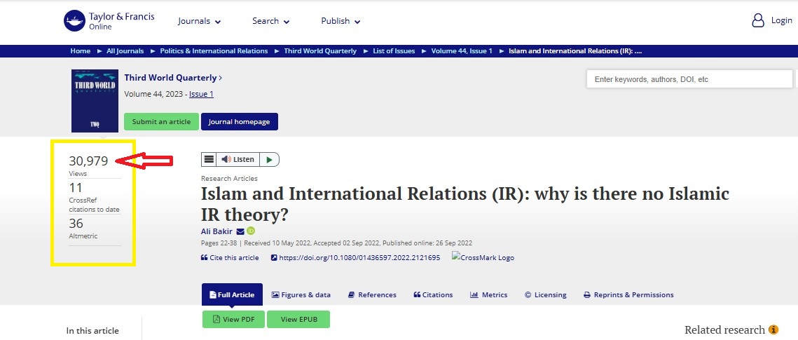 AliBakeer's tweet photo. I believe this is my most widely read scholarly article. In less than four years, it has attracted nearly 31,000 readers on the journal's platform only. If you're curious about the main idea behind it, feel free to check the link below.

https://t.co/dcj8Z3bzub

The next post will be dedicated to the top-performing article in terms of (time of publication/no. citations)...

Stay tuned! 

Via @thirdworldq