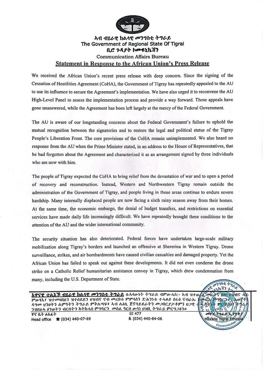 BashaDesta's tweet photo. The Government of Regional State Of Tigray - Communication Affairs Bureau

Statement in Response to the African Union’s Press Release

@TdacAustralia @_AfricanUnion @UN @BBCWorld @CNN @USEmbassyAddis @EUinEthiopia @EU_Commission @amnesty @hrw https://t.co/SxsonJO4y9