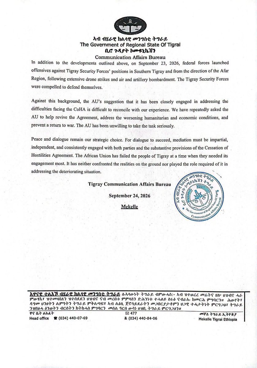 BashaDesta's tweet photo. The Government of Regional State Of Tigray - Communication Affairs Bureau

Statement in Response to the African Union’s Press Release

@TdacAustralia @_AfricanUnion @UN @BBCWorld @CNN @USEmbassyAddis @EUinEthiopia @EU_Commission @amnesty @hrw https://t.co/SxsonJO4y9