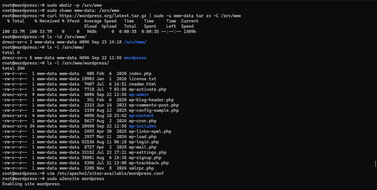 AnthonyNebenmor's tweet photo. Progress in my DevOps journey: set up WordPress on Ubuntu.

Downloaded and extracted via a single piped curl+tar command as www-data, configured Apache, enabled the site with a2ensite.

From installing a web server to hosting something on it.

#BuildInPublic #DevOps #Linux https://t.co/kTYqZkoRYa
