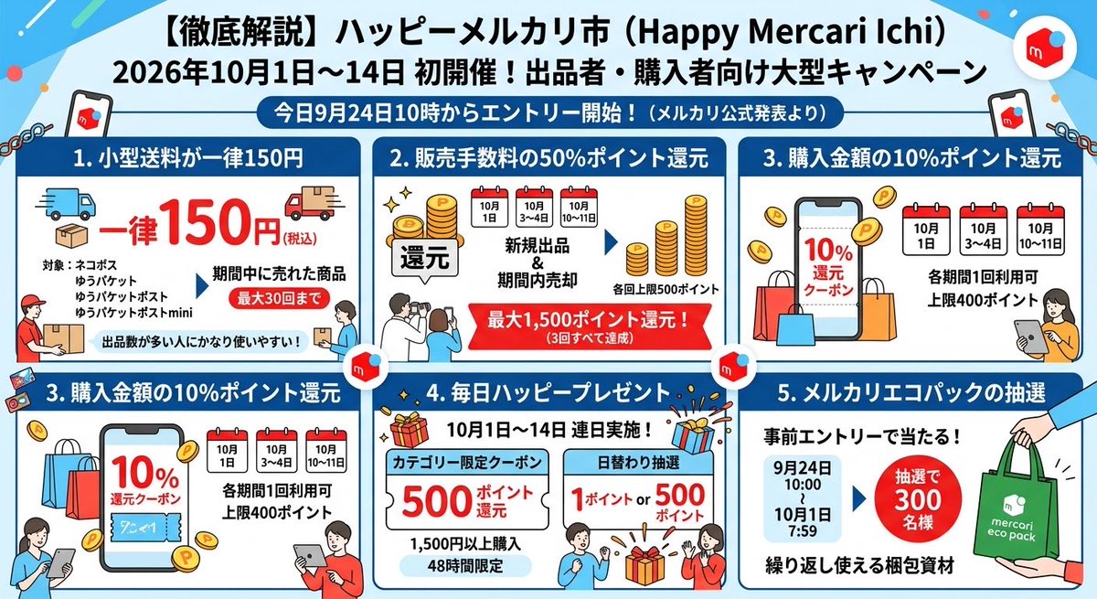 UsamiMin300's tweet photo. 10/1(木)8時開始のハッピーメルカリ市‼️
出品者も購入者もお得になる
期間限定の大型キャンペーン🎉
「送料割引・販売手数料還元・購入ポイント還元・毎日特典・抽選」がまとまったキャンペーンです。

出品者…小型配送が150円
対象日に新規出品で手数料50％🅿️還元！
購入者…対象日10％🅿️還元など https://t.co/M2sAPT8dbl