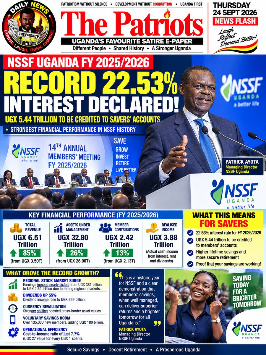 PatriotsNews26's tweet photo. NSSF DECLARES 22.53%.

Shs 5.44 trillion to be credited to savers.
Strongest year the Fund has put on a slide.

Assets: Shs 32.80 trillion.
Revenue: Shs 6.51 trillion.
Your savings, if the number holds
@nssfug @PatrickAyota https://t.co/RUa70L1efY