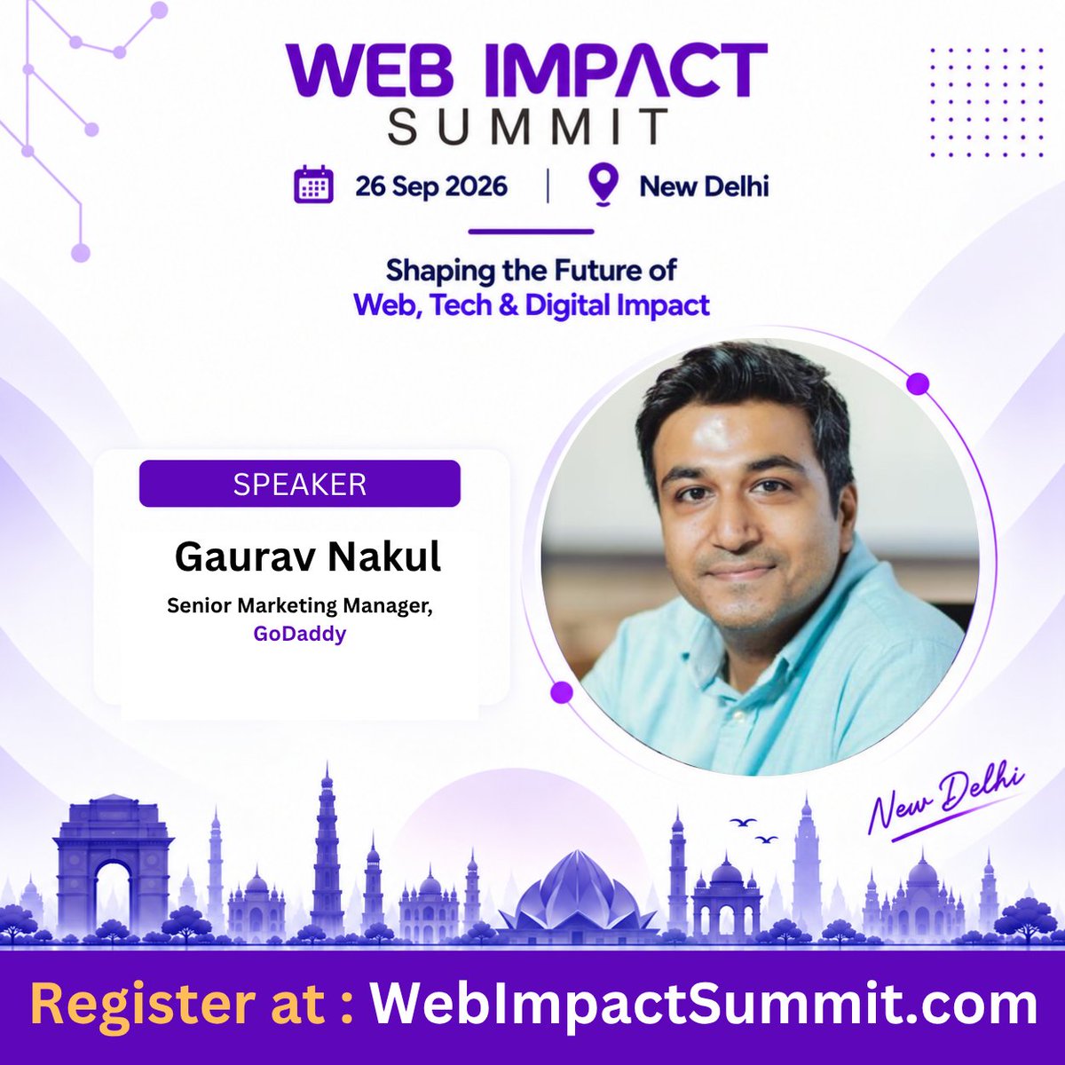 WebImpactSummit's tweet photo. 🎙️ Speaker Announcement: Gaurav Nakul joins WIS 2026

Senior Marketing Manager, GoDaddy

Gaurav leads GoDaddy's partner program for web developers and agencies, driving growth through AI-powered solutions.

📅 26 September 2026 
📍 Hyatt Centric, Janakpuri, New Delhi 
🎟️ Book your ticket: https://t.co/Sd2xzHueNT

#WebImpactSummit2026 #WIS2026