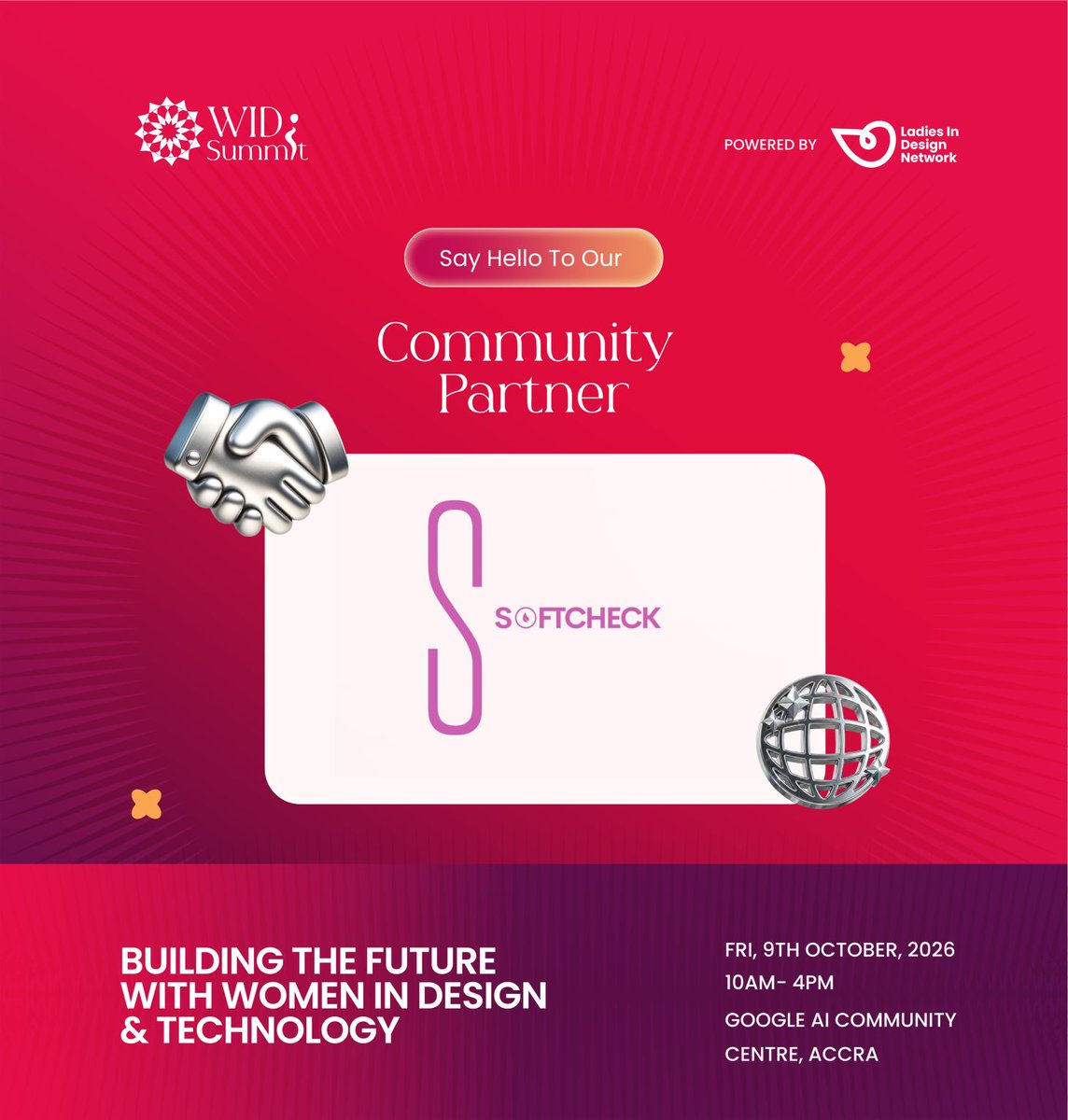 Lidn__'s tweet photo. Say hello to our Community Partner!
π
Friday, 9th October 2026
π Google AI Community Centre, Accra
β° 10AM β 4PM
Welcome to the WIDS family, SoftCheck!
#WIDS2026 #WomenInDesignSummit #LadiesInDesignNetwork #WomenInDesign https://t.co/EQMNSatlMA