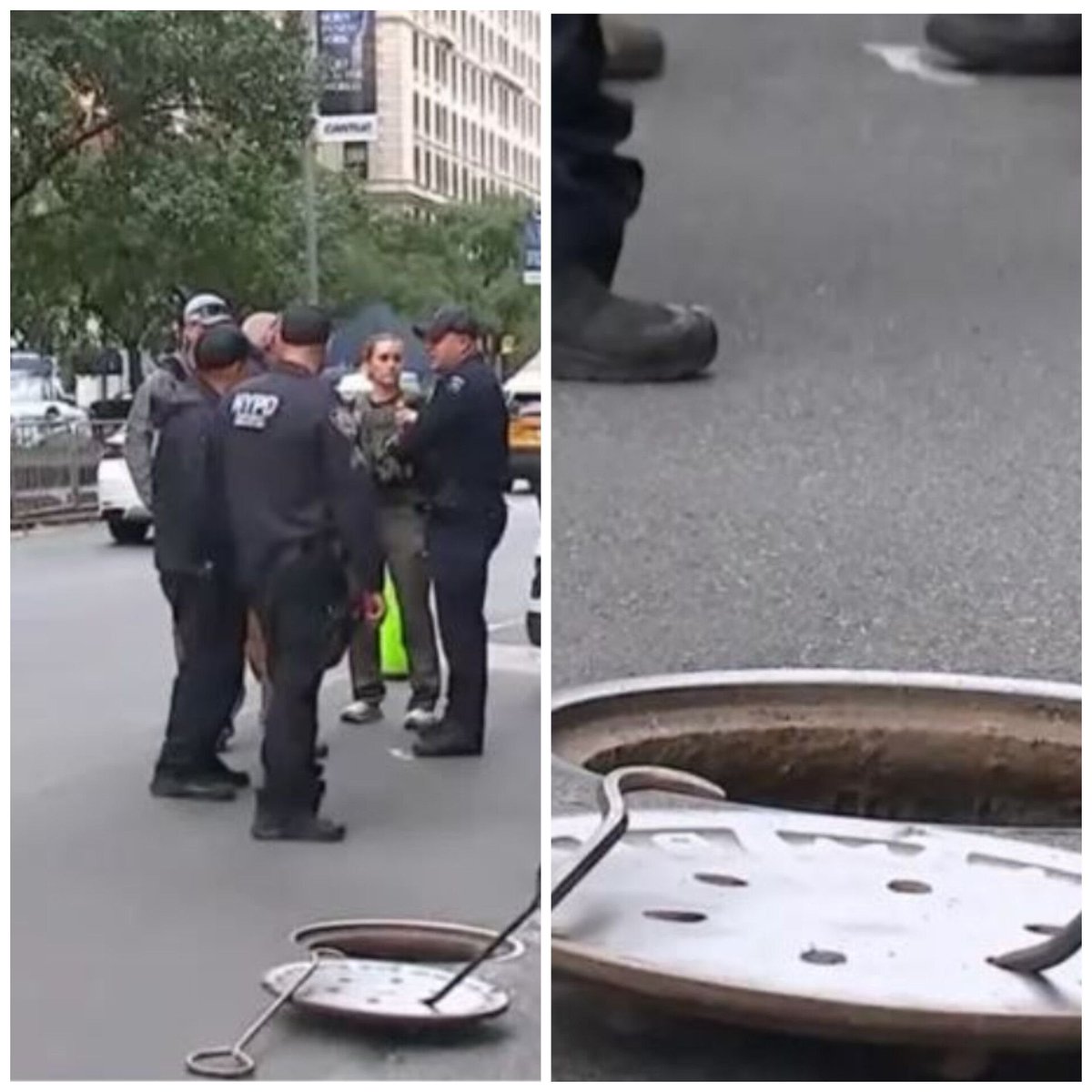 arbaeentvEn's tweet photo. 🔴 Suspicious Individuals Spotted Near Netanyahu’s Accommodation in New York

🔹 New York police reported seeing three unidentified men emerge early this morning from a manhole near the hotel where Netanyahu is expected to stay.
🔹 The men fled the scene in two vehicles. https://t.co/xHbtvz5xVy