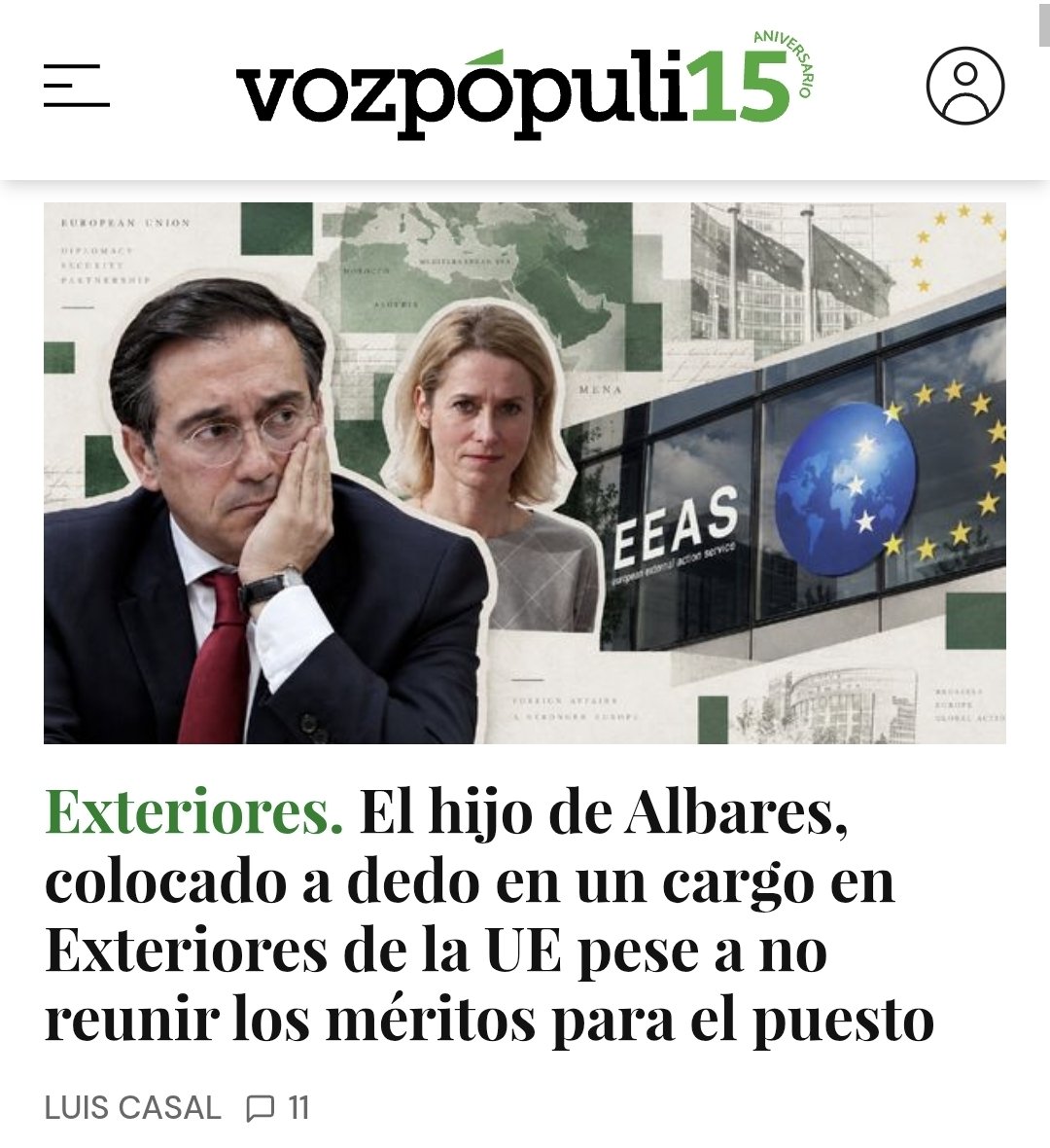 criaturina's tweet photo. 0 HORAS SIN ESCÁNDALOS DEL PSOE
🔌ENCHUFISMO SL 

‼️‼️ El hijo de Albares, colocado a dedo en un cargo en Exteriores de la UE pese a no reunir los méritos ni la experiencia para el puesto.

‼️‼️ El hijo del ministro trabajará como agente contractual en el Servicio Europeo de Acción Exterior y CASUALMENTE estará destinado en el área de Oriente Próximo y Norte de África.

‼️‼️ Su incorporación presenta otra particularidad: ha accedido al servicio europeo computando por Francia, dada su nacionalidad materna.

 https://t.co/45kIjVP5AX