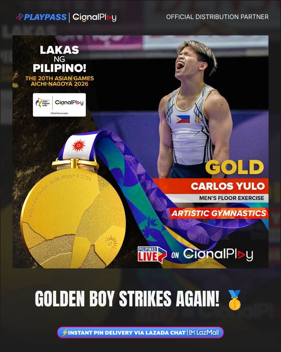 playpassph's tweet photo. Salamat sa ginto, Caloy! 🥇🇵🇭 Saludo kami sa'yo! 

Muling pinatunayan ni Carlos Yulo ang bangis sa Men's Floor Exercise sa #AsianGames2026! Get instant, official load PINs via Playpass! 📺

🛒 Lazada: https://t.co/Jx1jFZcW1I
🌐 Web (₱20 OFF): https://t.co/kcZwhiy2Xl
#CarlosYulo https://t.co/1ODlZSlbgR