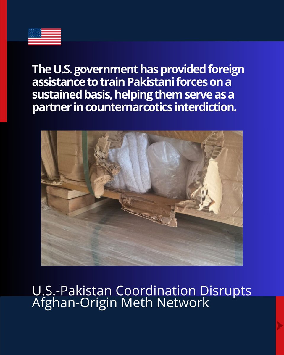 usembislamabad's tweet photo. The U.S. Drug Enforcement Agency and the Pakistani Anti-Narcotics Force seized 463 kilograms of Afghan-origin crystal meth worth $21 million bound for Sri Lanka, leading to multiple arrests. The joint effort highlights how ongoing U.S. training for Pakistani helps dismantle international drug trafficking networks and keeps communities and America more secure.