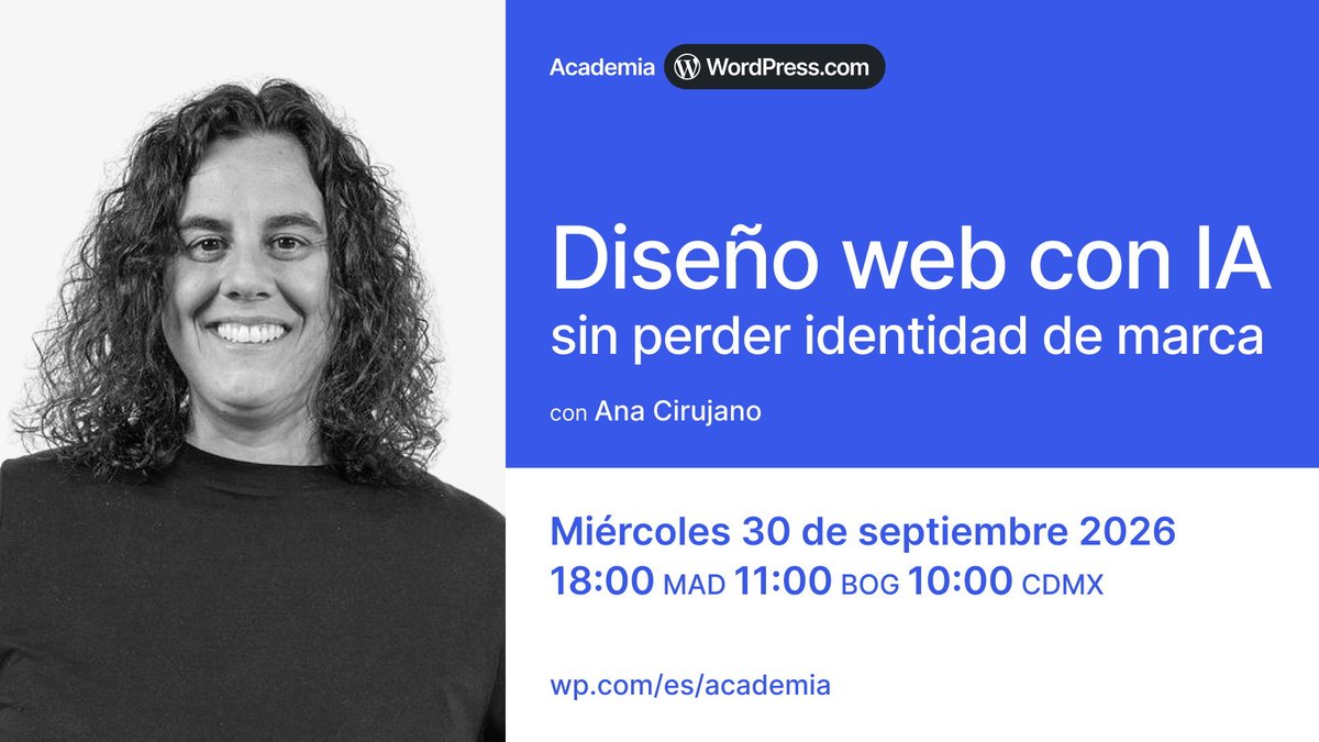 eswordpresscom's tweet photo. Del manual de marca a WordPress, sin perder la identidad por el camino.

El 30 de septiembre, @acirujano nos enseñará cómo usar IA para definir tipografías, colores y tokens de diseño y llevarlos a WordPress Studio.

👉 Apúntate gratis: https://t.co/hhvcchXuDV https://t.co/5G9tL6ayFa