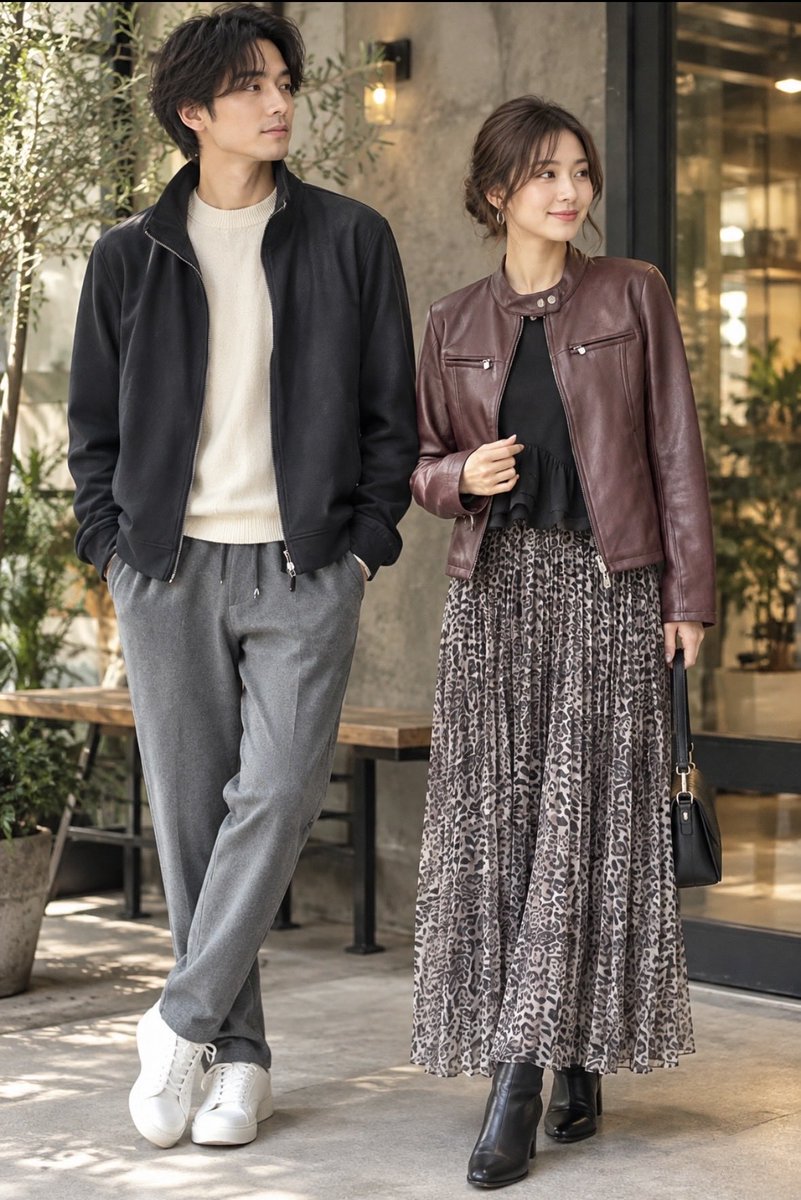GlanerUn's tweet photo. 秋の街に似合う、大人のコーデ🍂

メンズはブラックのジャケット×ニット×グレーパンツでシンプルに。
レディースはブラウンのレザージャケットに、レオパード柄のロングスカートを合わせて女性らしく✨
色味や素材をさりげなくリンクさせるだけで、いつものコーデがぐっとおしゃれに。
#gally #北上 https://t.co/Rx2avB0nPC