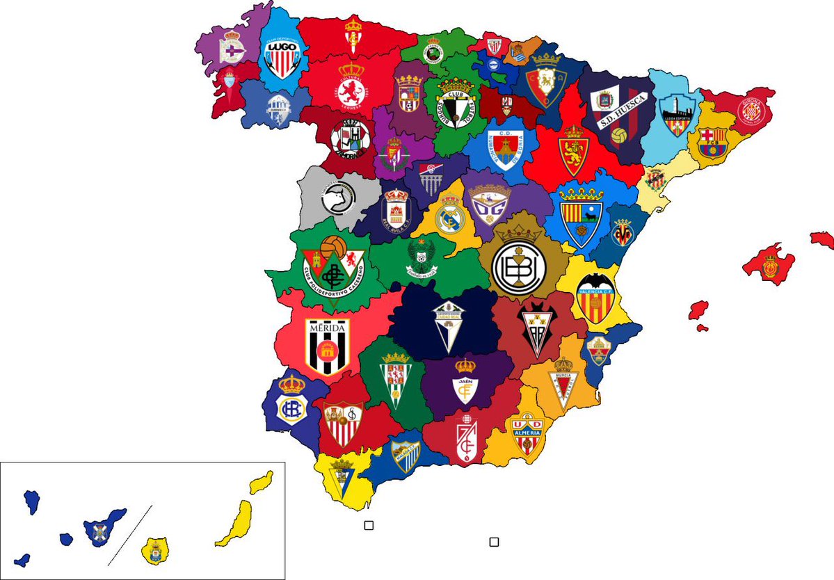 ispanyafutbol's tweet photo. Harika bir görsel buldum. İspanya illeri ve o ilin en büyük takımlarını koymuşlar. Hem biraz coğrafya hem de biraz futbol.

En büyük kavgalar Madrid’de Atletico-Real, Sevilla’da Betis-Sevilla, Asturias’da Sporting-Oviedo, Valencia’da Valencia-Levante, Barcelona’da Barcelona-Espanyol arasında diyebiliriz. 

La Coruna - Deportivo
Pontevedra - Celta Vigo
Lugo - CD Lugo
Ourense - Ourense CF
Asturias - Real Sporting de Gijon
Zamora - Zamora
Leon - Cultural Leonesa
Cantabria - Racing Club de Santander
Palencia - Palencia CF
Burgos - Burgos Club de Futbol
Vizcaya - Athletic Club
Gipuzkoa - Real Sociedad
Alava - Deportivo Alaves
Navarra - Osasuna
Rioja - UD Logrones
Soria - Numancia
Zaragoza - Real Zaragoza
Huesca - SD Huesca
Lleida - Lleida
Girona - Girona 
Barcelona - FC Barcelona
Tarragona - Gimnastic Tarragona
Castellon - Villarreal
Valencia - Valencia CF
Teruel - CD Teruel 
Guadalajara - CD Guadalajara
Madrid - Real Madrid
Segovia - Gimnastica Segoviana
Valladolid - Real Valladolid
Salamanca - Unionistas Salamanca
Avila - Real Avila
Caceres - CP Cacereno
Badajoz - Merida AD
Toledo - CD Toledo
Cuenca - UB Conquense
Ciudad Real - CD Manchego
Albacete - Albacete
Alicante - Elche
Murcia - Real Murcia
Almeria - UD Almeria
Granada - Granada CF
Jaen - Real Jaen CF
Cordoba - Cordoba CF
Sevilla - Sevilla FC
Huelva - Recreativo de Huelva
Malaga - Malaga CF
Cadiz - Cadiz
Santa Cruz de Tenerife - CD Tenerife
Las Palmas de Gran Canaria - Las Palmas
Baleares - Real Mallorca