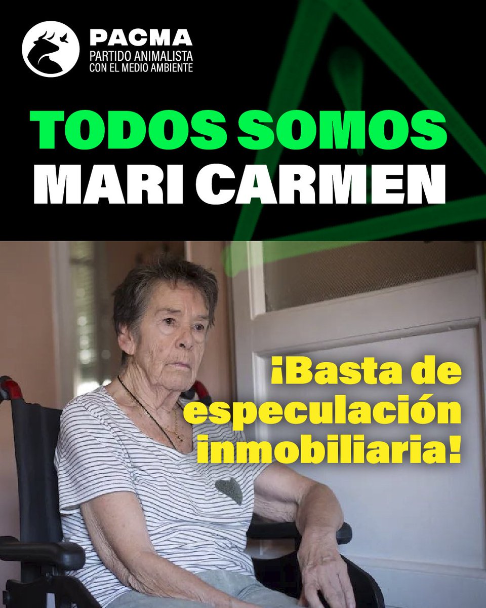 PartidoPACMA's tweet photo. El Estado, sus administraciones y la justicia le han fallado a Mari Carmen. Desahuciada a sus 87 años en la recta final de su vida y sola, mientras se permite especular con la vivienda.

El sistema de protección social es decadente cuando una casa tiene más valor que una vida, peor aún cuando la vulnerabilidad es tan notable.

Buenos días... para quien los tenga.