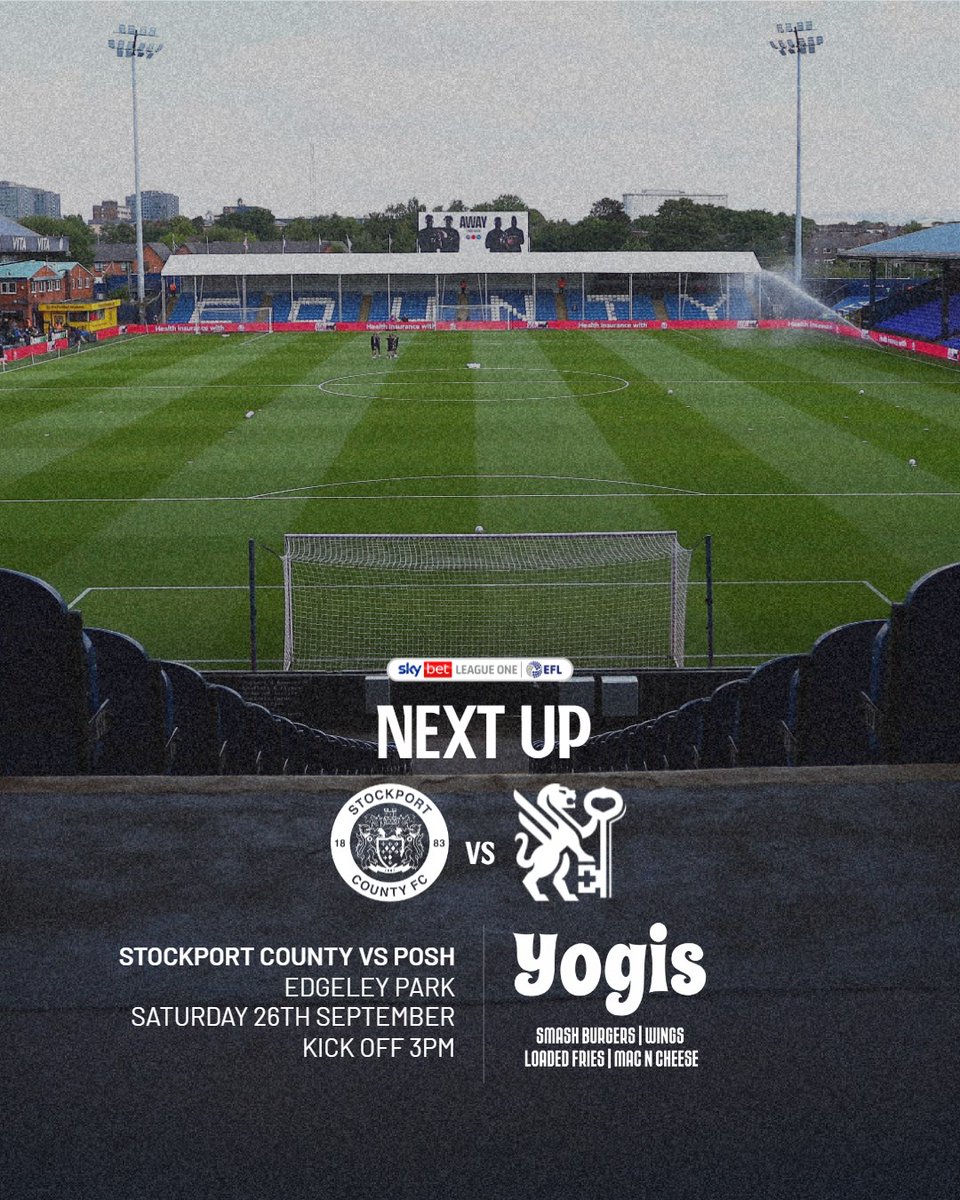 theposh's tweet photo. 𝙉𝙀𝙓𝙏 𝙐𝙋 🔜   

Posh are back in Sky Bet League One action on Saturday with a trip to face Stockport County.  

🎟️ https://t.co/PEPN47W9DI

Next Up brought to you by Yogi's.  

#pufc https://t.co/xR0kYUyH7o