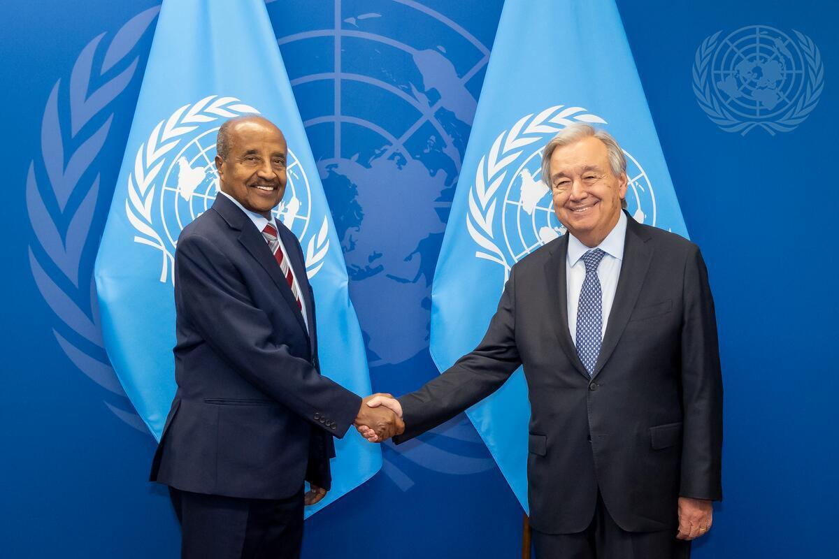 hawelti's tweet photo. #Eritrea's delegation, led by Foreign Minister Osman Saleh, is participating in the 81st UN General Assembly Debate.  The delegation will conduct, throughout the Session, a series of crucial bilateral and high-level meetings reflecting Eritrea's steadfast commitment to the principles of the UN Charter & international law, inclusive and equitable multilateralism, and a just world order.

In this vein, FM Osman Saleh met yesterday UN Secretary-General Antonio Guterres for extensive discussions on vital regional and global matters.  The Foreign Minister conveyed Eritrea's appreciation for the SG's services to the Organization and for his constructive engagement with Eritrea.  

FM Osman further underlined the enduring importance of the UN Charter and the foundational pillars that it espouses - i.e.  sovereign equality, territorial integrity, political independence, non-interference and the peaceful settlement of disputes.

FM Osman elucidated Eritrea's position on the Sudan  that is anchored on support to a united, sovereign and stable Sudan; and a Sudanese-owned, inclusive political process supported by regional and international mechanisms.  

On the wider region and especially in regard to the security of the Red Sea and Bab-al Mandab, FM Osman stressed Eritrea's support for safe maritime navigation and international cooperation, while respecting the sovereignty and legitimate interests of the littoral States.  FM Osman also dwelt on provocative acts of Ethiopia's Prosperity Party towards its neighbours in flagrant breach of the foundational principles of the UN Charter and international law. 

As it will be recalled, Eritrea was elected as one of the Vice-Presidents of the 81st Session of the UN General Assembly.  In this respect,  Ambassador Sophia Tesfamariam presided over the evening plenary debate, during the opening day of UNGA81, on behalf of Eritrea and in her capacity as VPGA.