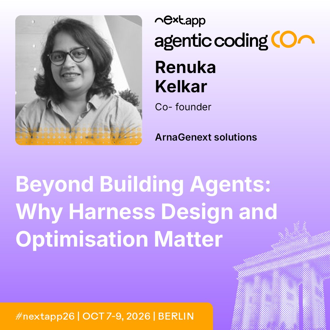agenticodingCon's tweet photo. Building agents is easy. Building what keeps them on track is the hard part. 🛠️
@KelkarRenuka digs into harness design for agentic systems at agentic codingCon Berlin.
Learn more: https://t.co/2j9M9EHZlN
#nextapp26 #AI https://t.co/cP1pWZjNE4