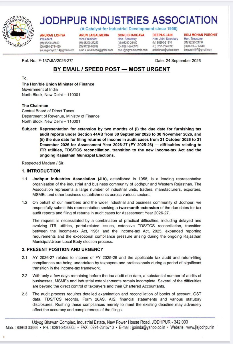 CADhavalkothari's tweet photo. Another important representation by Jodhpur Industries Association (JIA) seeking a 2-month extension of Tax Audit &amp; ITR due dates.

Adequate time is essential for accurate compliance.

Humble request @FinMinIndia @IncomeTaxIndia to consider the genuine difficulties.
#tar https://t.co/wGuYhn4yA0