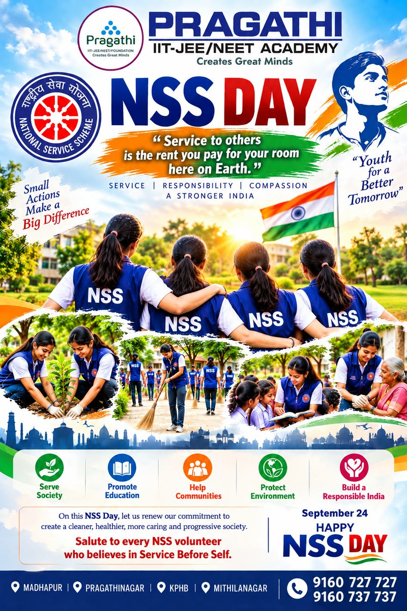 pragathi_2023's tweet photo. 🇮🇳 Happy NSS Day! Celebrate service, compassion, leadership, and community spirit as together we build a stronger, responsible tomorrow with pride.

#PragathiAcademy #NSSDay #NationalServiceScheme #ServiceBeforeSelf #YouthForChange #CommunityService #Leadership #VolunteerSpirit https://t.co/Kyymc0nZ3o