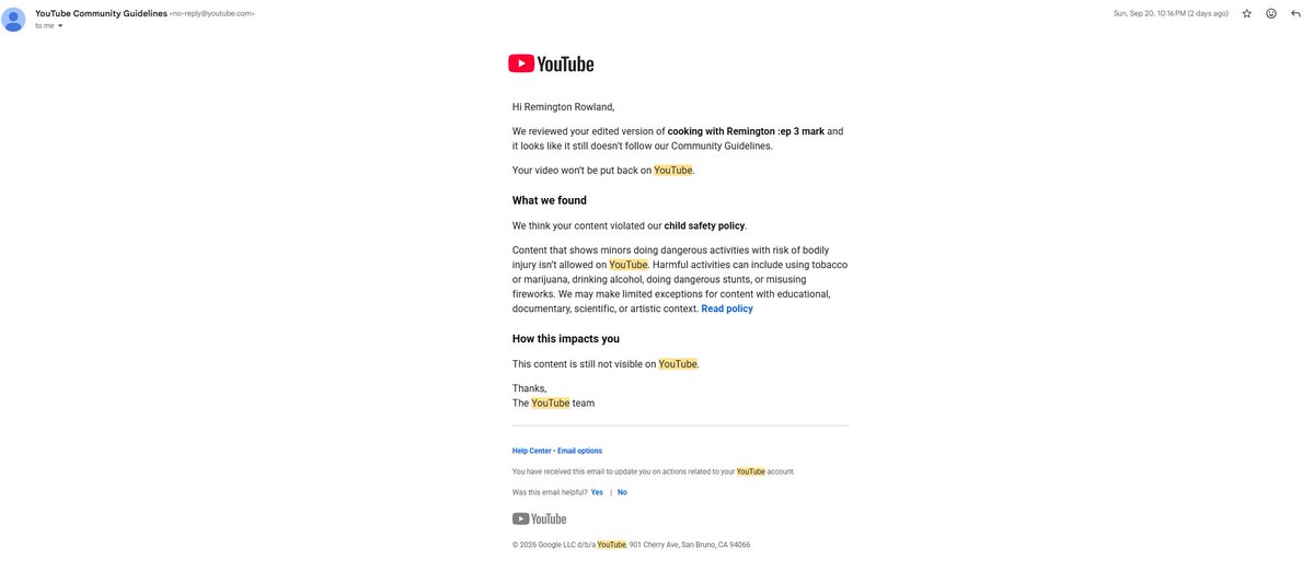 RemigtonRowland's tweet photo. @TeamYouTube Hope you guys doing well. I'm having a  issue with a video of mine that was took down. 1st time it happed I had it appealed and it was put back up. Less then 2 weeks its was taken down again for the same reason. is there anyway you can help me https://t.co/x5CU7ZmyyO