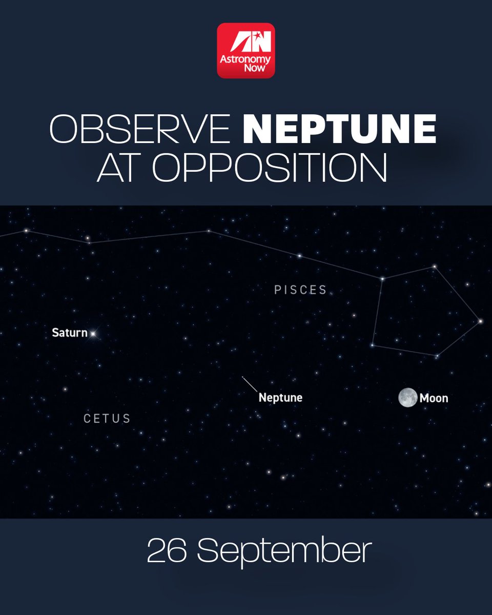 AstronomyNow's tweet photo. Astronomy, NOW! 👀 Observe Neptune as it reaches opposition (when it sits directly opposite the Sun from our point of view on Earth).

Find it in binoculars: it rises above 30 degrees ~22:30–03:30 BST. 

Telescopes of increasing power will show the planet's disc and largest moon. https://t.co/J4eaweuiQn