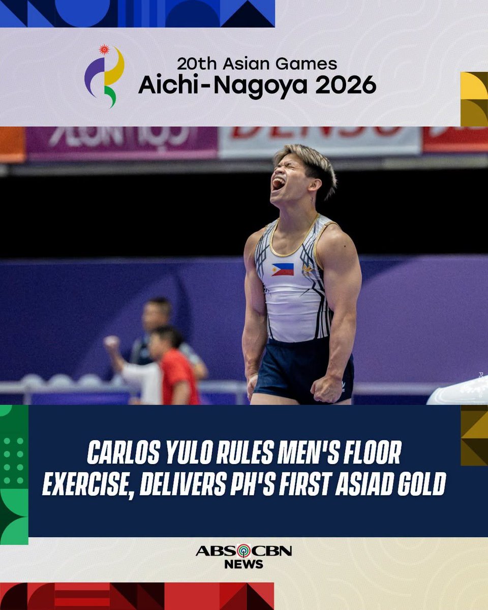 ABSCBNNews's tweet photo. GOLDEN BOY, CALOY! 

Two-time Olympic medalist Carlos Yulo wins the Philippines’ first gold at the 20th Asian Games in men’s floor exercise. 

READ: https://t.co/skZcCtLhQb https://t.co/v6ipdsj6b5