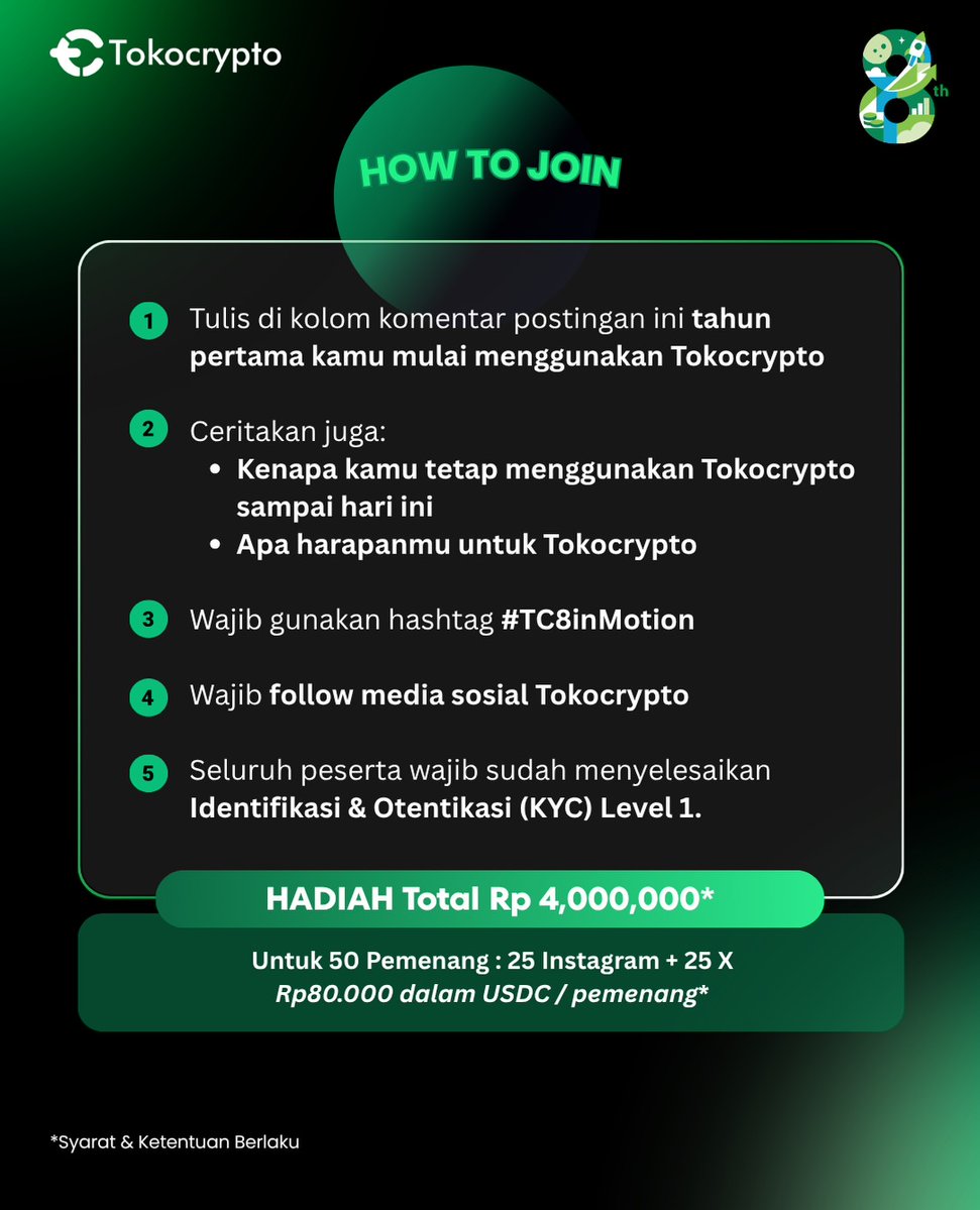 Tokocrypto's tweet photo. Giveaway Moments in Motion Part 2 🎁

Tulis tahun pertama kamu mulai pakai Tokocrypto, ceritain alasan kamu masih menggunakan Tokocrypto sampai sekarang serta harapanmu ke depannya, dan jadi bagian dari cerita 8 Years in Motion, dengan total hadiah Rp4 juta!*

🗓️ Periode: 22–29 September 2026
👉 Swipe untuk cara ikutnya

*Syarat dan ketentuan berlaku

#Tokocrypto #ExchangeIndonesia #TC8inMotion