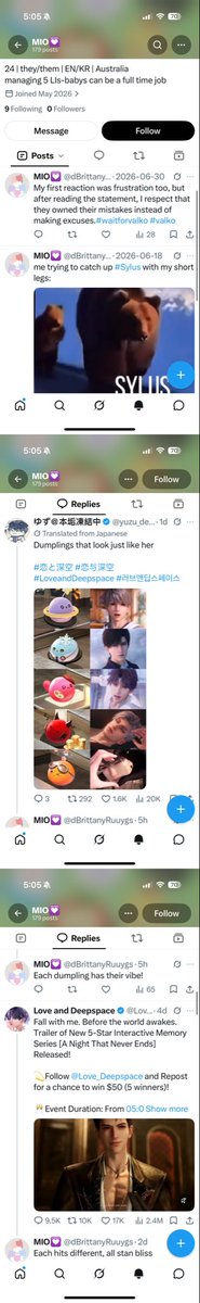beyond_meatball's tweet photo. 请大家按时间顺序从新到旧打开评论区，水军真的来了❗️❗️
每个主页都只有6.18和6.30两条帖子，支持下狼决定，然后reply里夸赞了nightglow五人banner❗️❗️
你们要听我的推测吗？显而易见叠纸就是怕了那个tag😹
#BringValkoBack #全世界都爱敖尹 https://t.co/P3FfwO4FNm