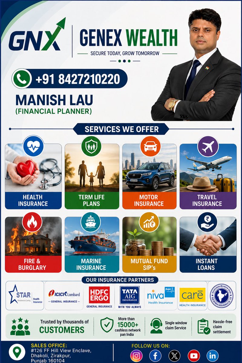 LauManish's tweet photo. One trusted place for your Insurance, Investments &amp; Financial Needs.
Plan wisely today. Protect, grow &amp; secure your tomorrow with Genex Wealth. 🤝💙

#GenexWealth #FinancialPlanning #Insurance #MutualFunds #ManishLau https://t.co/v4COm0Nrsl
