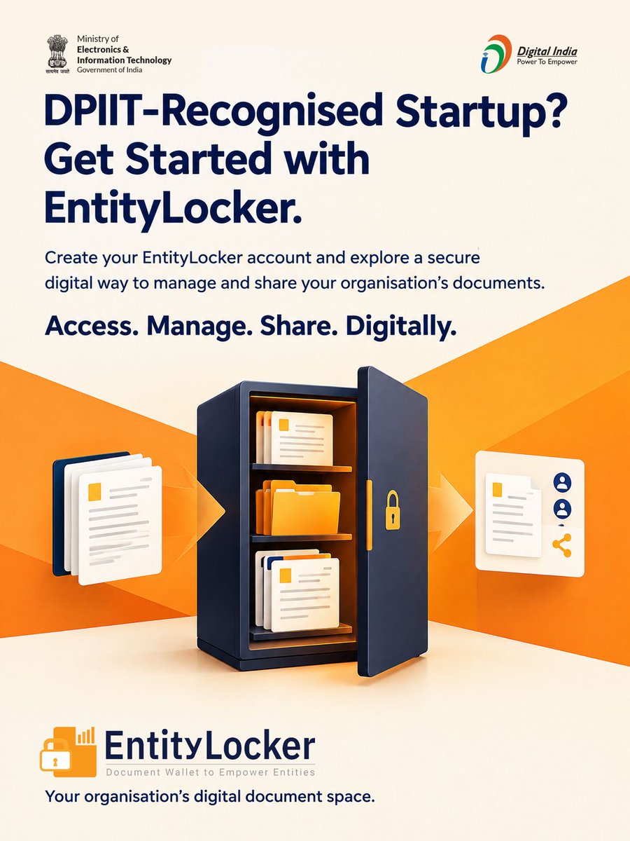 _DigitalIndia's tweet photo. EntityLocker provides DPIIT-recognised startups with a secure digital space to access, manage, and share organisation documents effortlessly.
Get started today and simplify your document management! ✨
#EntityLocker https://t.co/XHtCiSEYOj