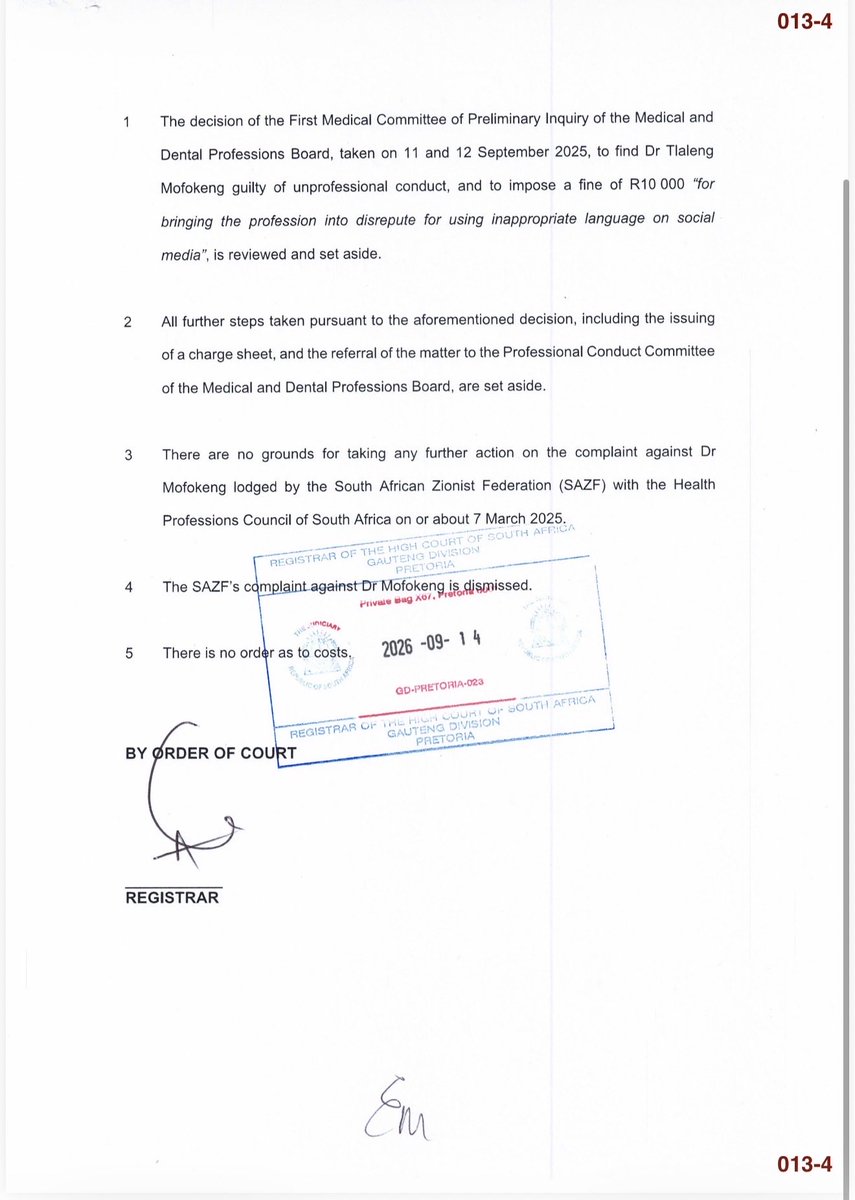 drtlaleng's tweet photo. On the 9th September 2026, the Pretoria Division of the Gauteng High Court granted me my order - the COURT set aside the HPCSA ruling and finding and DISMISSED the Zionist Federation claims.
I WON.  WE WON. THE PEOPLE WON. 
The news bulletins didn’t cover it like they covered for 24hrs the nonsense of the previous year, obviously.  I’m just here to say WE WON!!