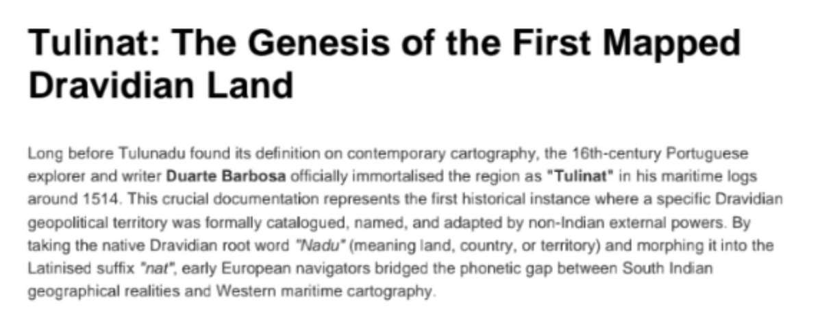 SByaree41604's tweet photo. Before Tulunadu was on modern maps, 16th-century Portuguese explorers officially documented it as "Tulinat"   the " Tulu nation" 📜✨

It’s the 1st Dravidian land named by non-Indians, adapting the Tulu word "nad" (land) into the Latin-sounding "nat". History is wild! 🌊🇵🇹🇮🇳 https://t.co/Twizqy7ocM