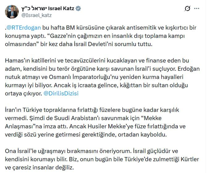 penaber__072's tweet photo. 📍İsrail Savunma Bakanı birkez daha Erdoğan'ı hedef aldı

- Erdoğan bu hafta BM kürsüsüne çıkarak antisemitik ve kışkırtıcı bir konuşma yaptı

- Biz, onun bugün bile Türkiye’de zulmettiği Kürtler ve çaresiz insanlar değiliz. https://t.co/Pk6u37mXX5