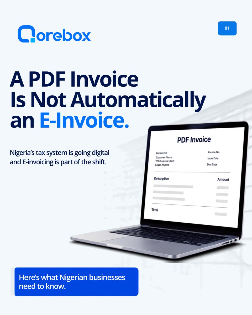 qorebox's tweet photo. As Nigeria moves toward digital tax administration, understanding what this means for your business matters.
Swipe through to see what e-invoicing means and what businesses should know.
Is your invoicing process ready?
#EInvoicingNigeria #TaxCompliance #NRS #DigitalTax https://t.co/kPFSYh4Jbc