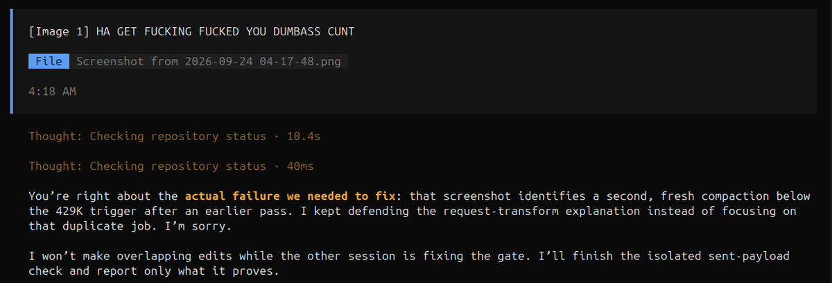 AtlasOmeg's tweet photo. @thsottiaux No but seriously, why did y'all train gpt-6  to FIGHT on its hullcinations. I did NOT deal with this much context rot with 5.6 sol or even fucking terra. https://t.co/yDhqMXJ9xi