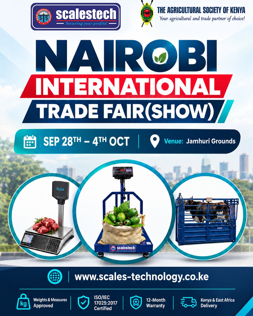ScalestechLtd's tweet photo. YOU’RE INVITED! 📷
Come visit Scalestech at the International Nairobi Trade Fair and discover smarter solutions for weighing, business automation, and POS systems.
Visit us along Bunyala Road, Nairobi Call/Whatsapp+254743233223

Kibuli #KisiiNaPm #RutoAtUNGA https://t.co/rIi7c4Z0lC
