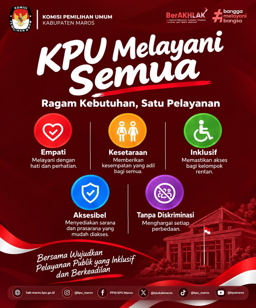 kpukabmaros's tweet photo. #TemanPemilih, Komisi Pemilihan Umum Kabupaten Maros berkomitmen menghadirkan pelayanan publik yang empatik, setara, inklusif, aksesibel, dan tanpa diskriminasi bagi seluruh masyarakat.

#KPUMelayani https://t.co/A56rhjOBmk