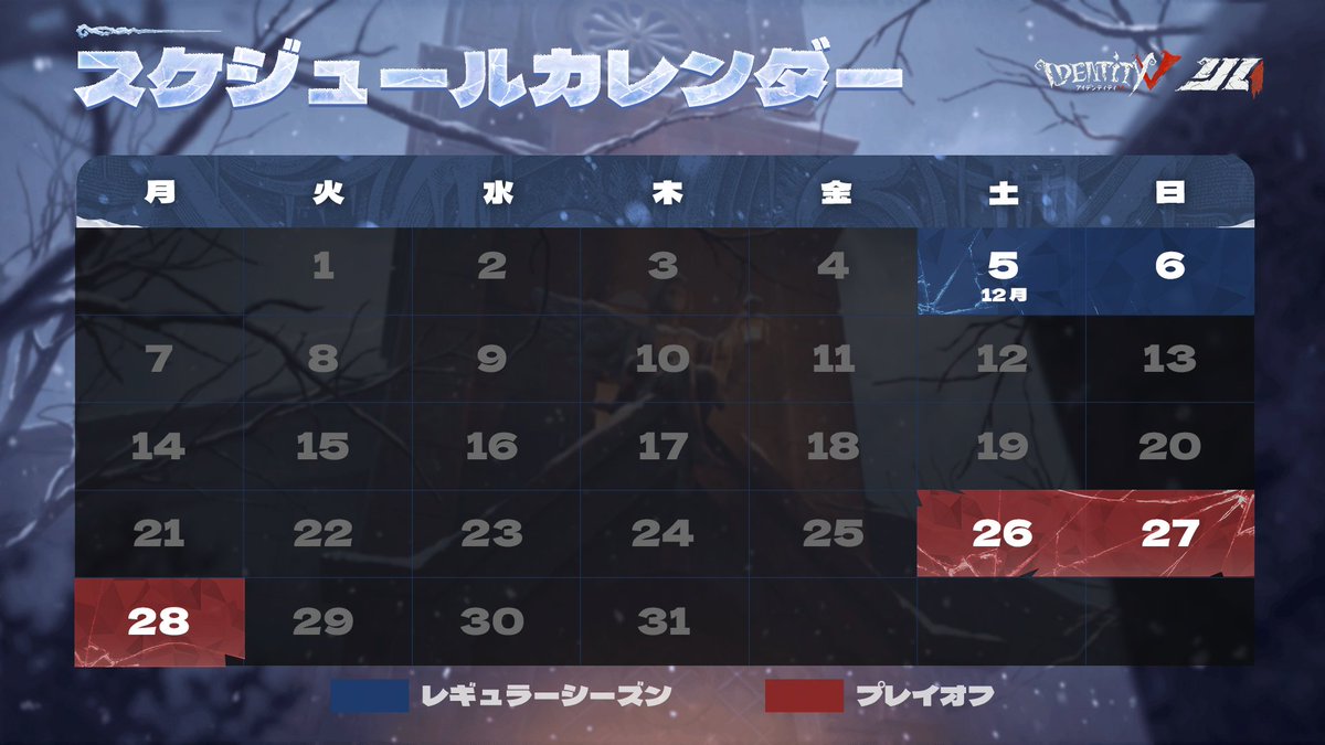 IdentityVChamp's tweet photo. #第五人格IJL
Passions for V ·  2026 Fall⛪️

秋シーズンがやってきました🍂
レギュラーシーズンのBO3総当たり戦
プレイオフに進めるのは上位6チームです！

そしてプレイオフは12月26日～12月28日
どんな戦いが待っているのか……？

今シーズンも、みんなで楽しみましょう✨

#第五人格
#IdentityV https://t.co/OALOhl1L8b