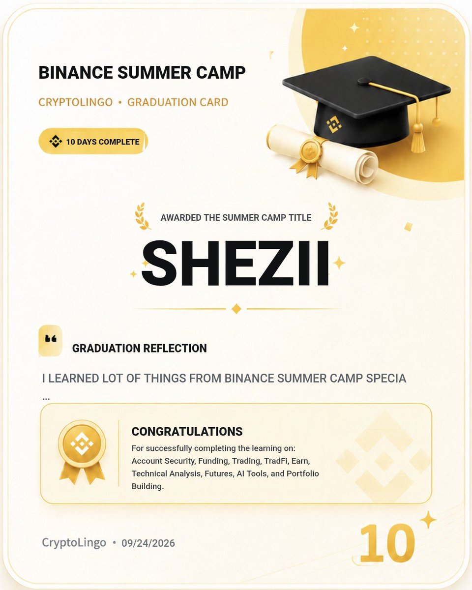 Shezii_Butt's tweet photo. SHEZII completed all 10 days of CryptoLingo Summer Camp! I LEARNED LOT OF THINGS FROM BINANCE SUMMER CAMP
SPECIALLY MANAGING ALWAYS YOUR RISK AND DON'T RUSH IN COIN.
Best thing is tradfi learning about tradefi is very useful. #BinanceSummerCamp
https://t.co/eXDO85d9Dw https://t.co/nsMqhKre5H