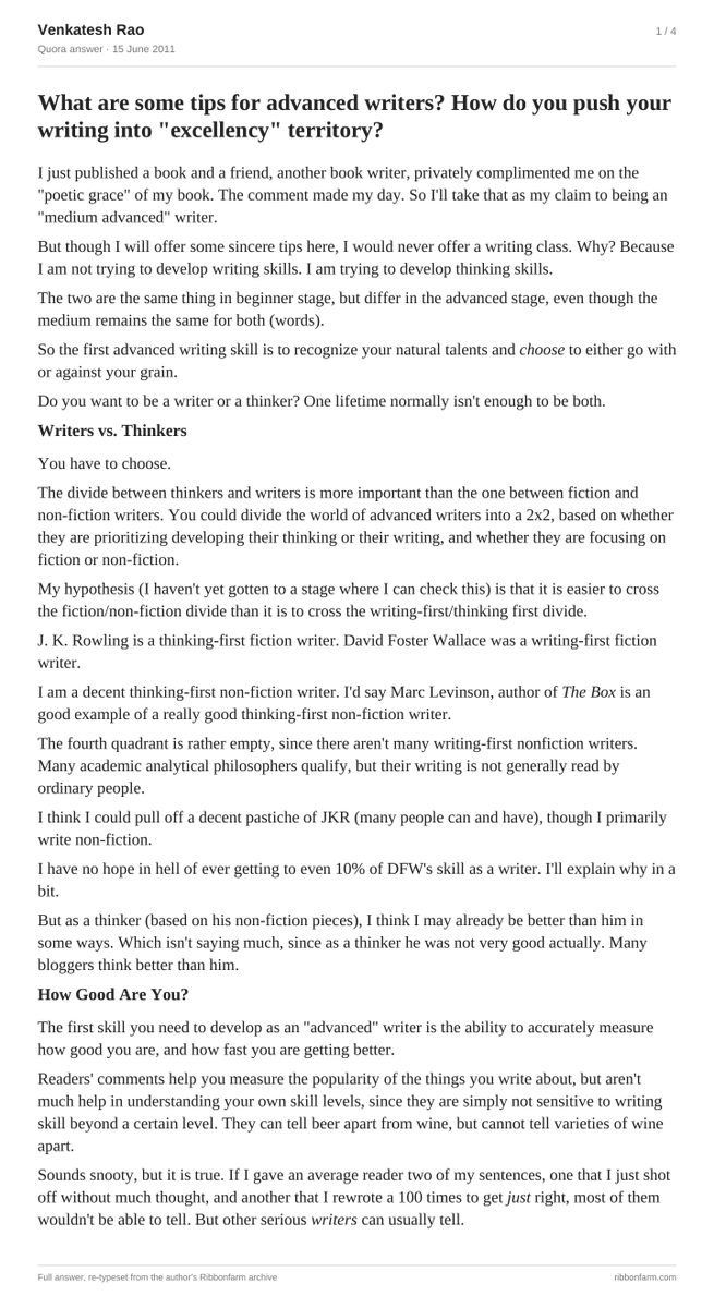 nosilverv's tweet photo. This is possibly my fave thing Venkatesh Rao has written: on how to become a good writer, and the distinction between thinking-first and writing-first writers. https://t.co/iip32moMG9