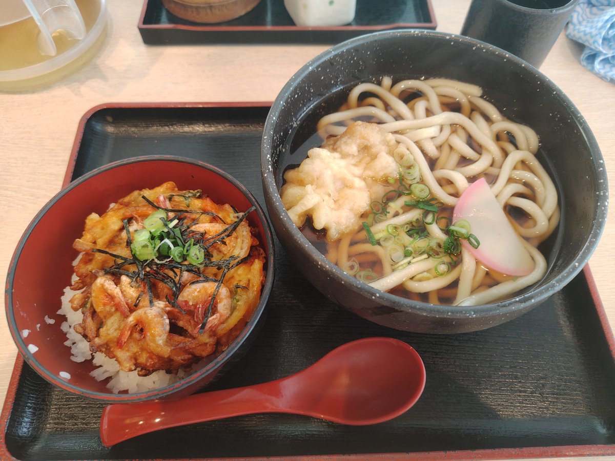 tetsuya946's tweet photo. 鶏天うどんと海老天どんぶり小。
WEBから自動取得すると480kcalと600kcal！
あわせて800kcalぐらいでいいよね👴🏻。 https://t.co/PMqSxJchzI
