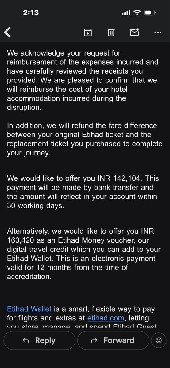 vbajaj1978's tweet photo. @etihad @EtihadHelp has now started cheating ther customers now ther team is saying that I have accepted a lower compensation when I clearly mentioned that i thought it was for 1 person. But they r still unable to explain ther earlier amount which they mailed me https://t.co/YFUpZXvFPJ