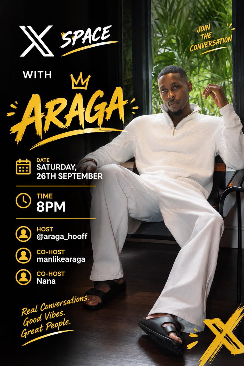 araga_hqoff's tweet photo. ARAGANGS👑

THE MOMENT WE ALL HAVE BEEN WAITING FOR IS FINALLY HERE!!!!

The Gang Leader, Araga will be gracing us with his presence to chitchat and catch-up with his fanmily (Aragangs) 

Date: Saturday 26/9/26
Time: 8:00WAT

#SeyiAraga
#AragaTiDe https://t.co/7VVPWp524X