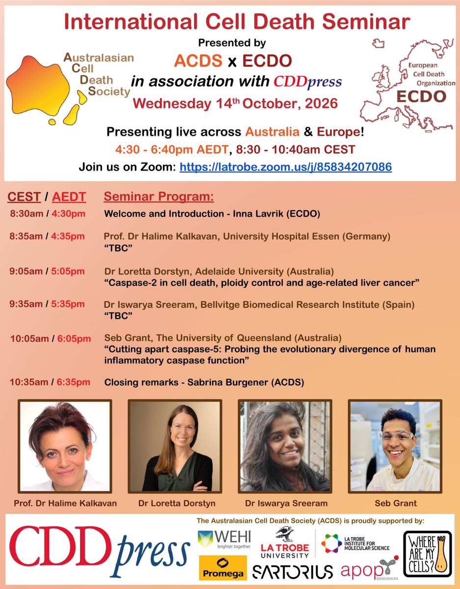 cddpress's tweet photo. 🌏International Cell Death Seminar Series - Edition #2🌏 

Details:
📅Date: Wednesday 14th October 
🕰️Time: 4:30pm AEDT / 8:30am CEST
💻Webinar link: https://t.co/8h5odvery8

See the flyer below for more information ⤵️ https://t.co/65lGmEC74S