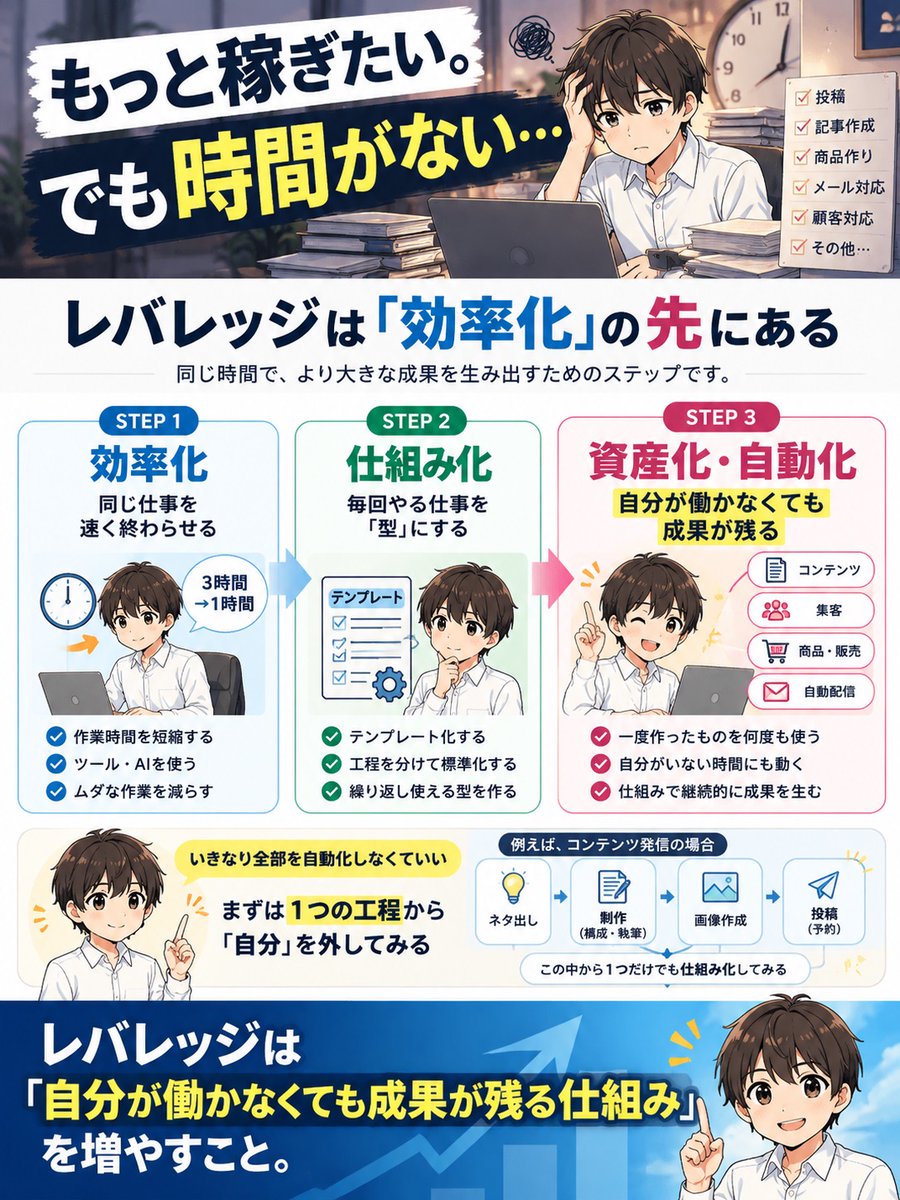 attachstyle's tweet photo. 作業を速くするだけでは、いつか限界がきます。個人ビジネスで本当に増やしたいのは「自分が働ける時間」ではなく、「自分が働かなくても成果が残る仕組み」。まずは、ひとつの工程から自分を外せないか考えてみましょう。要点を図解にまとめたので参考にしてください https://t.co/XkJ5GQSE0H