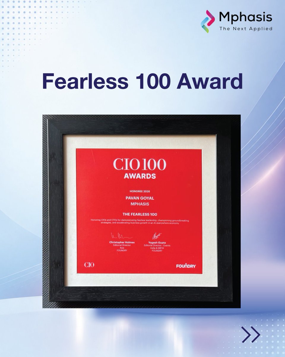 Mphasis's tweet photo. Mphasis marks another milestone at the CIO 100 Awards 2026 with the Fearless 100 Award and a Special Award in Cloud & AI Security.

The honors reflect the commitment and innovation of our teams across different areas of technology and mark the third consecutive year of Mphasis receiving a CIO 100 recognition.

#AI #Award #Milestone #StayAhead #EngineeringIsInOurDNA #IntelligentEngineering #AIWithoutIntelligenceIsArtificial