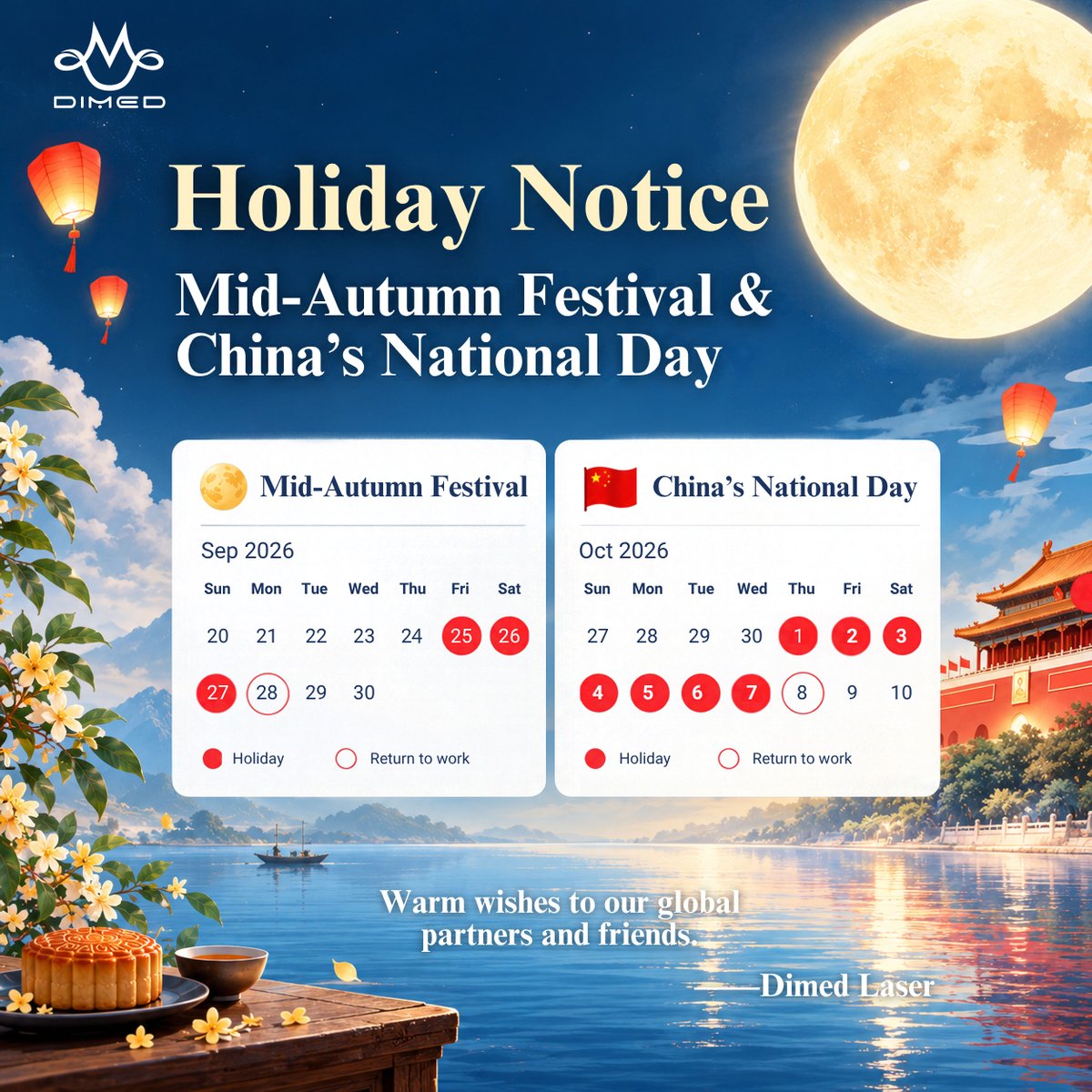 Dimed_Laser's tweet photo. 🌕 Dimed Laser wishes you a happy Mid-Autumn Festival 2026! 🏮✨
🌐 https://t.co/5hhC5cNfP6
#DimedLaser #MedicalLaser #MidAutumnFestival #NationalDay #HolidayNotice #MedicalDevices #GlobalPartners https://t.co/aDvUD0u4Pj