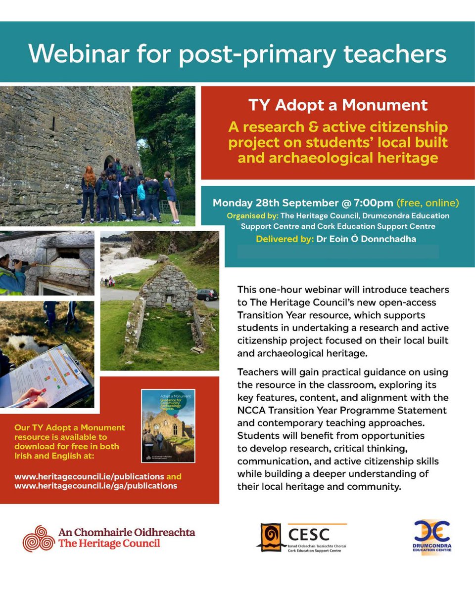 cork_cesc's tweet photo. 📢 Free webinar for post-primary teachers: TY Adopt a Monument

A research &amp; active citizenship project on local built &amp; archaeological heritage.

📅 Monday 28th Sept, 7pm-8pm
💻 Online
Delivered by Dr Eoin Ó Donnchadha | @HeritageHubIE

👉 Register: https://t.co/wQb6FA62od https://t.co/djAU01iBuF