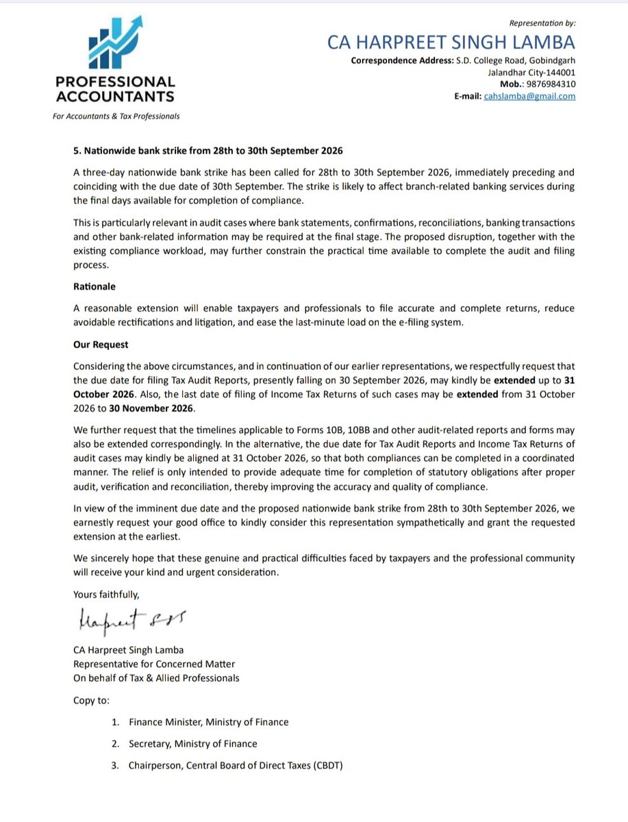 cahslamba's tweet photo. PROFESSIONAL ACCOUNTANTS GROUP

On behalf of >1900 Professionals (which includes CAs, CSs, Advocates, Accountants etc) we have sent Representation dt 24.09.2026 to relevant Govt Officials regarding extension of Tax Audit Reports etc

@IncomeTaxIndia 
@nsitharamanoffc
@PMOIndia https://t.co/nHe2wMb9ck
